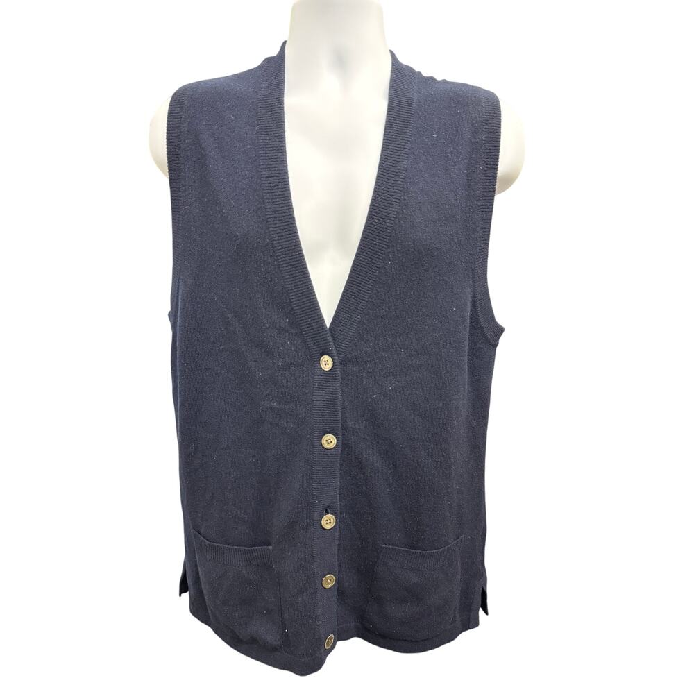 Vintage Lands End Fine 100% 2 Ply Cashmere Sweater Vest Medium Navy button